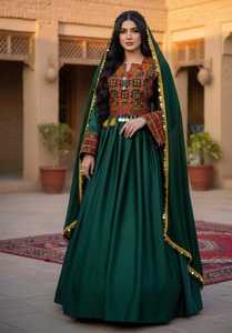 Robe de mariée vintage élégante en mousseline verte, longueur ras du sol, broderie artisanale, garniture dorée, matériaux recyclés, infroissable - Product Image 2