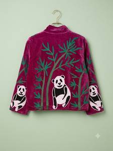 <b>Women's</b> Purple <b>Velvet</b> Zip Jacket Embroidered Panda Bamboo Stand Collar <b>Coat</b> - Product Image 2