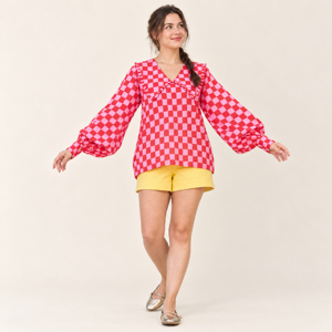 Women's Red Pink Plaid <b>Balloon</b> Sleeve Blouse Peter Pan Collar Loose Fit <b>Long</b> Sleeve Top - Product Image 3