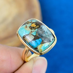 Geometric Turquoise Cocktail <b>Ring</b> Gold Plated Brass Bezel <b>Set</b> Natural Stone Unisex Bohemia Style Daily Wear - Product Image 2