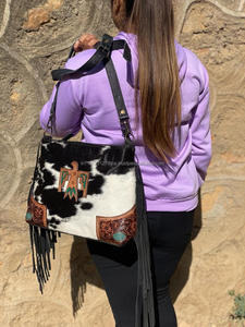 Handmade Women's Cowhide Leather Tote Bag Natural Cow Suede Fringes Crossbody Style Tooled Patch Nylon Lining Zipper OEM Logo - Product Image 4