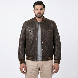 Chaqueta de cuero para hombre estilo bomber, de piel de vaca premium, color marrón, estilo clásico varsity, ropa de abrigo para invierno, cuello acanalado, botones a presión, chaqueta informal. - Product Image 5