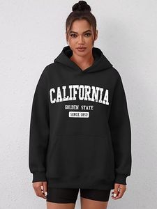 Sweat-shirt à capuche ample pour femme, imprimé graphique, avec logo frontal, style streetwear décontracté, poche, 100 % coton - Product Image 2