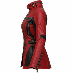 <b>Women</b> Red Genuine Leather <b>Jacket</b> Gothic Harley Girl Rose Print Spiked Stud Stand Collar Buckle Waist Long Coat Factory Offer - Product Image 4