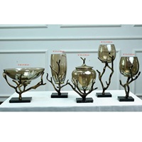 Ensemble de luxe en aluminium en forme de branche, comprenant un bol à dessert sur piédestal, un verre Hurricane et des bocaux, pour la décoration de tables de mariage, de maison, d'hôtels et de fêtes