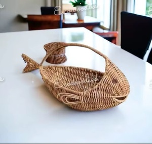 Handwoven Bamboo Rattan Animal Shaped Eco-Friendly Vintage <b>Storage</b> <b>Basket</b> Natural <b>Wicker</b> Handle Beige Color Rustic Design - Product Image 2