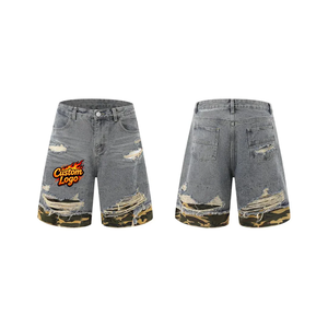 Shorts de Mezclilla para Hombre, Lavados, con Logotipo Bordado Personalizado, Desgastados, con Parches de Camuflaje, Shorts Casuales de Moda para Verano - Product Image 3