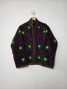 Velvet <b>Quilted</b> <b>Jacket</b> Suzani Embroidered Floral <b>Pattern</b> Full Sleeves Eco-Friendly Breathable Winter Women's Purple Green Yellow - Product Image 1