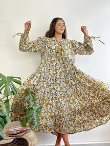 Comfortable Cotton Maxi <b>Dress</b> <b>Indian</b> Block Bagru <b>Print</b> Breathable Summer Earthy Nature Goddess Casual Style Embroidered - Product Image 2