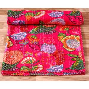 Couvre-lit Kantha imprimé réversible fait main, vintage, écologique, toutes saisons, double taille, 100 % coton biologique - Product Image 4