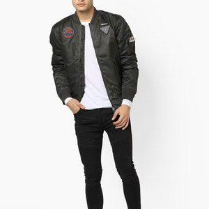 Blouson Bomber Homme Noir en Polyester/Coton Enduit avec Motifs Patchwork, Col Montant, Style Moto Biker, Vêtement d'Hiver, Logo Frontal - Product Image 1