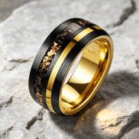Wolframcarbid-Ring mit Goldblatt- und Meteoriteneinlage, gebürstete Kante, Komfort-Herren-Ehering, Verlobungs- und Versprechensschmuck