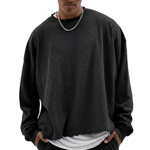 เสื้อยืดแขนยาวทรงโอเวอร์ไซส์ผ้าวาฟเฟิลสำหรับผู้ชาย สีน้ำเงินล้วน คอกลม ผ้าฝ้ายระบายอากาศ สวมใส่สบาย - Product Image 2