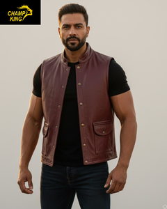 CHAMP KING Gilet moto en cuir pour homme, col montant, couleur unie, veste sans manches pour motard, vêtement d'extérieur d'automne - Product Image 1