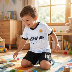 Conjunto de Camiseta de Fútbol de Argentina, Pantalones Cortos Blancos y Negros con el Número 10, Ropa Deportiva de Poliéster para Niños - Product Image 2