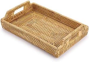 Handwoven Rattan Serving <b>Tray</b> with Handles Rectangular Wicker <b>Basket</b> Breakfast Tea Coffee Tabletop Storage Decorative Organizer - Product Image 2