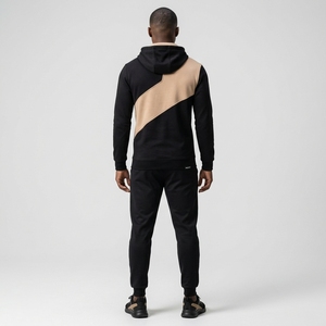 Men's <b>Black</b> Beige Solid 100% Cotton Fleece Breathable <b>Hoodie</b> & Jogger Pants Sportswear Set - Product Image 2