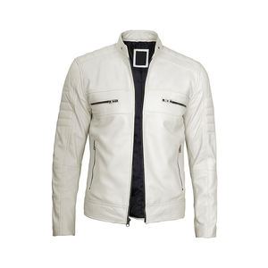 Men's White Pu Leather Motorcycle <b>Jacket</b> Moto Biker Style Zipper Closure Belted Slim Fit Autumn Wear - Product Image 4