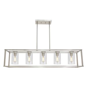 Lampadario a sospensione moderno a 5 luci per isola cucina, con paralume in vetro trasparente e gabbia lineare, per illuminazione sala da pranzo - Product Image 2