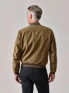 Men’s Genuine Tan <b>Suede</b> <b>Leather</b> Bomber Biker <b>Jacket</b> - Slim Fit - Product Image 2