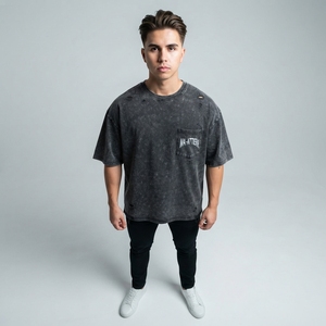 Men's <b>Black</b> Acid Wash Distressed T Shirt Skull <b>Wing</b> Graphic Print Oversized Short Sleeve Streetwear Apparel Wholesale - Product Image 2