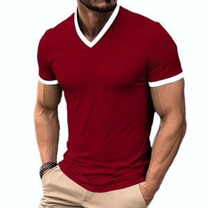 T-shirt Homme Col V Coupe Slim Rouge Uni Manches Courtes Bordure Contrastante Coton Tricoté Tenue Décontractée Meilleure Qualité Livraison Rapide OEM ODM - Product Image 1