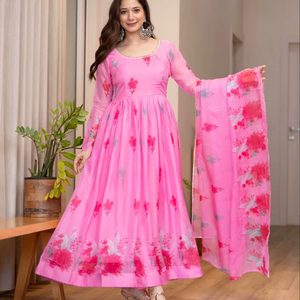 ชุดเดรสออร์แกนซ่าคอแต่งลูกไม้ลายดอกไม้สำหรับผู้หญิง - แห้งเร็ว ยับยาก ใส่ได้สองด้าน ความยาวระดับข้อเท้า - Product Image 1