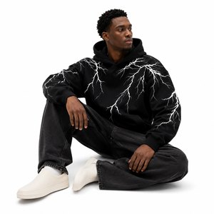 Custom Men Lightning Hoodie Cotton Fleece Pullover Oversized Fit Graphic Long Sleeve Front Pocket Top <b>for</b> USA B2B Fashion Buyers - Product Image 3