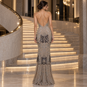 Robe de soirée sirène en argent sculpté ornée de pierres |   Robe à col en V profond, bretelles spaghetti, dos ouvert et perles décoratives - Product Image 4
