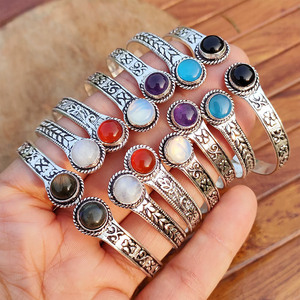 Wholesale Natural Gemstone Cuff Bangle Vintage Engraved Silver Plated Open Bracelet Boho Jewelry Bulk Fashion - Product Image 1