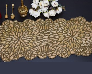 Glam Fabric <b>Table</b> <b>Runner</b> Irregular Shape <b>Gold</b> Beaded Edge Non-Slip Design Decorative Mat - Product Image 4
