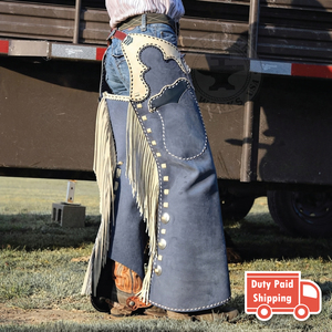 Pantalones de montar de cuero estilo western para hombre con flecos blancos, bolsillo utilitario y costuras decorativas – Pantalones de vaquero para equitación - Product Image 3