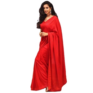 Sari Georgette rojo para mujer con bordado de secuencia de hilo de lujo hermosas fiestas de diseño de moda compras al por mayor en línea - Product Image 1