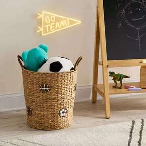 Sports Ball Embroidered Water Hyacinth <b>Basket</b> with Brown Handles Open Top <b>Woven</b> Decorative Toy Laundry Storage Bin - Product Image 3