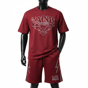 Ensemble t-shirt et short pour homme, tissu polyester tricoté de haute qualité, vêtements de sport unis, logo en strass personnalisable. - Product Image 6