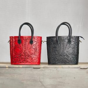 Vintage Red Genuine Leather <b>Shoulder</b> Bag With Floral Embossing Two Handles Crossbody <b>Strap</b> All Seasons Daily Use - Product Image 6