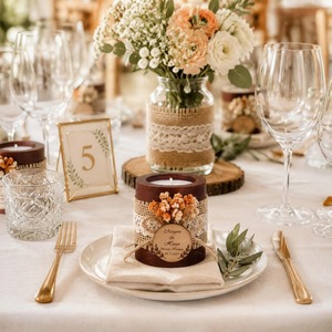 Porte-bougie en bois fait main avec fleurs séchées et toile de jute, cadeau de mariage personnalisé avec gravure de nom et date - Product Image 4