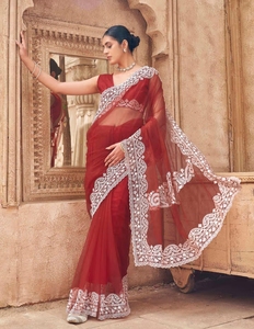 Sari en filet brodé couleur rouille KV avec blouse non cousue - Product Image 4