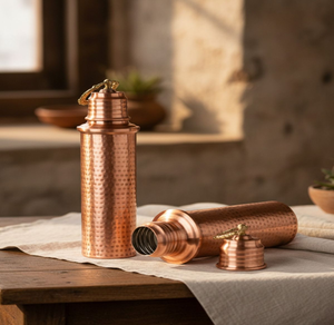 Distinctive dotted <b>hammered</b> copper bottles set, unique gold wire <b>loop</b> handles on leakproof caps, durable metal water storage. - Product Image 1