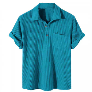 Polo de Manga Corta de Punto Casual para Hombre, Color Azul Sólido, Cuello Camisero, 100% Algodón, Transpirable, Top de Verano - Product Image 5