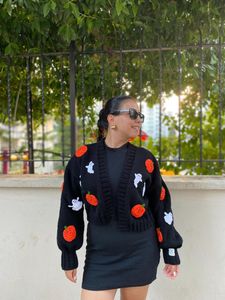 Women's Black Hand Knitted Cardigan With Pumpkin Ghost Appliques Lantern <b>Sleeve</b> V Neck Crop Length Casual Sweater - Product Image 2