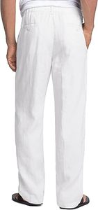 <b>Men's</b> <b>White</b> <b>Linen</b> Casual <b>Pants</b> Elastic Waist Drawstring Straight Fit Lightweight Breathable Summer Trousers with Pockets - Product Image 3