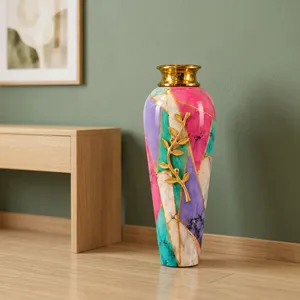 Jarrón de Metal Multicolor de Aluminio y Hierro con Diseño de Rama con Hojas Doradas, Jarrón Decorativo Hecho a Mano para el Hogar Elegante y Lujoso - Product Image 5