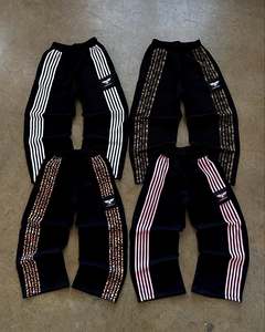 Pantalon de jogging décontracté personnalisé 100% coton, coupe large évasée, style baggy, avec bande latérale rayée et broderie tricotée, haute qualité - Product Image 1