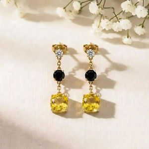 Handmade Cushion Cut Lemon Quartz <b>Earrings</b> With <b>Black</b> Obsidian Drops Minimalist Gemstone Fine <b>Stud</b> <b>Earrings</b> Jewelry - Product Image 3