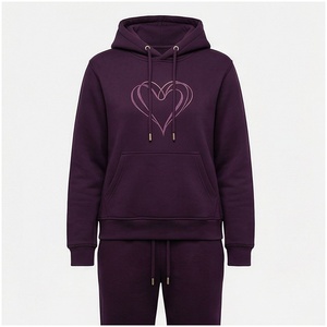 Women Hooded Sweatshirt Set With Heart Print Full Sleeve Casual Tracksuit Autumn 100% Cotton Midweight <b>Fleece</b> <b>Jogger</b> - Product Image 1