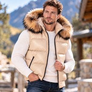 Chaleco de Cuero Premium para Hombre con Capucha de Piel de Zorro, Fabricante y Proveedor |   Chaleco Acolchado de Cuero Genuino para Hombre con - Product Image 1