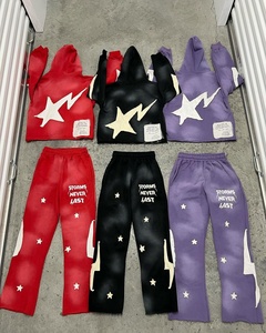 Acid Washed Vintage Winter Unisex Streetwear Tracksuit Distressed Patch Cut Hooded Solid Patchwork Flare <b>Sweatpants</b> <b>Set</b> - Product Image 4