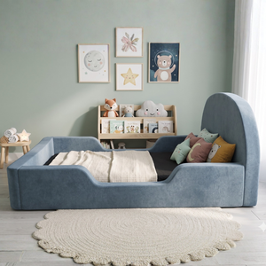 Lit de sol en mousse pour tout-petits, bleu, moderne, confortable, écologique, recouvert de velours, compressé sous vide pour la chambre à coucher - Product Image 5