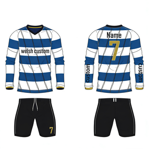Ensemble de maillot de football américain à manches longues pour homme, style walesien, rayé bleu et blanc, imprimé, respirant, numéro 7, 100% coton - Product Image 1